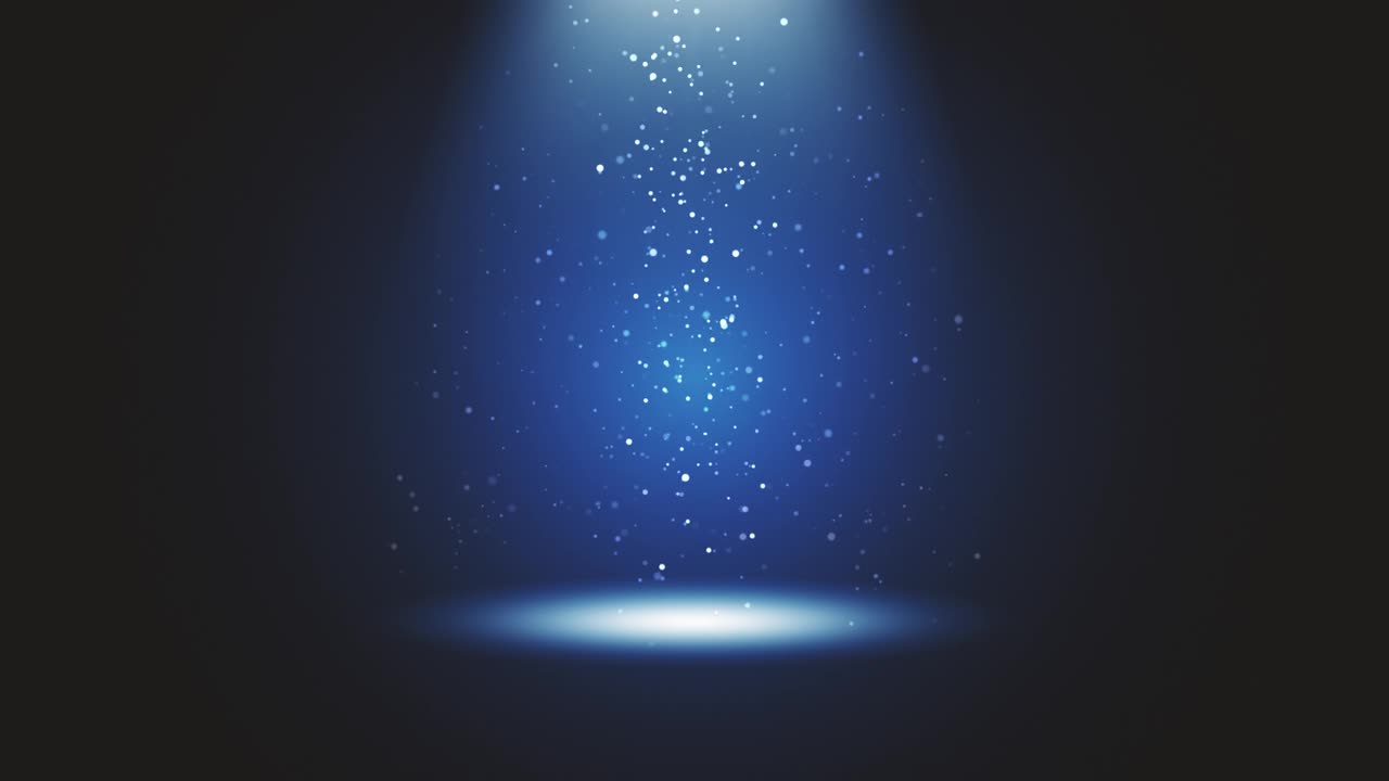 舞台灯光在蓝色演播室闪烁。大聚光灯从空中照亮了这景色。舞台上闪烁着光芒的灯光。所有的灯光都聚集在一个点上。表演艺术，派对，灯光，事件，庆典，UFO，瞬间移动的概念