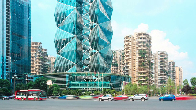 天际线，交通和成都的现代建筑，时光流逝