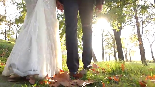 新婚夫妇在秋天漫步