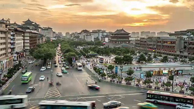 时光流逝:古西安鼓楼鼓洛中国日落