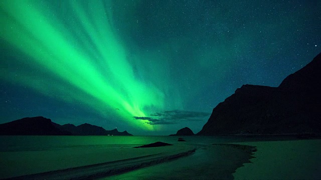 挪威罗浮敦Haukland海滩的极光时光流逝
