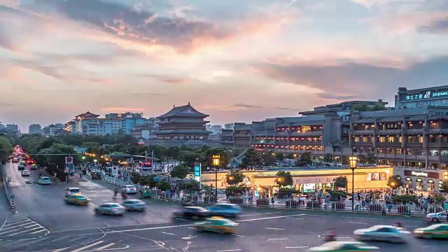 时光流逝:古西安鼓楼鼓洛中国日落