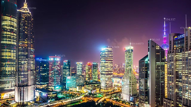智能城市夜晚的現(xiàn)代建筑。間隔拍攝