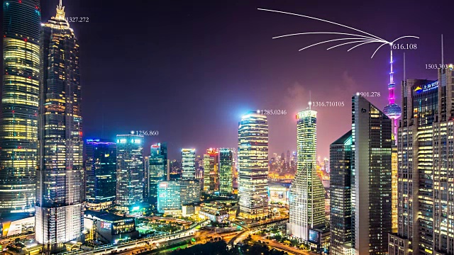 详情图-智能城市夜晚的现代建筑。间隔拍摄