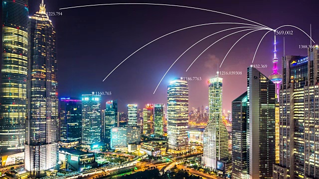 详情图-智能城市夜晚的现代建筑。间隔拍摄