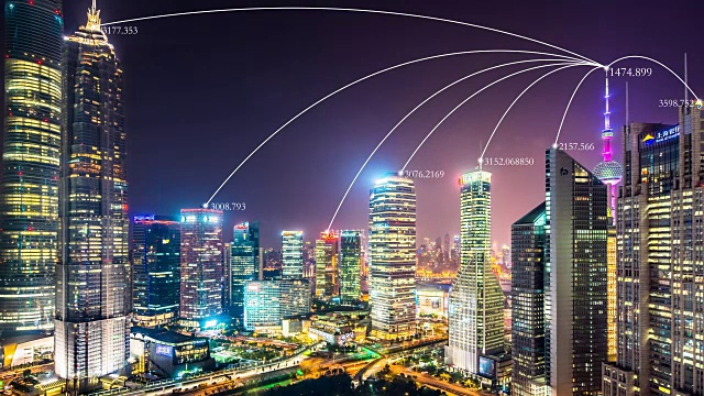 详情图-智能城市夜晚的现代建筑。间隔拍摄