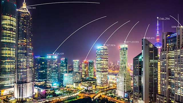 详情图-智能城市夜晚的现代建筑。间隔拍摄