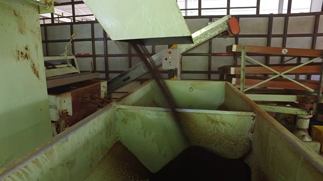 用机器将干茶原料倒入容器中