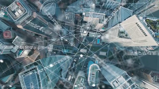 詳情圖-鳥瞰新加坡現(xiàn)代城市及通訊網絡，智慧城市。物聯(lián)網。信息通信網絡。傳感器網絡。智能電網。概念抽象。