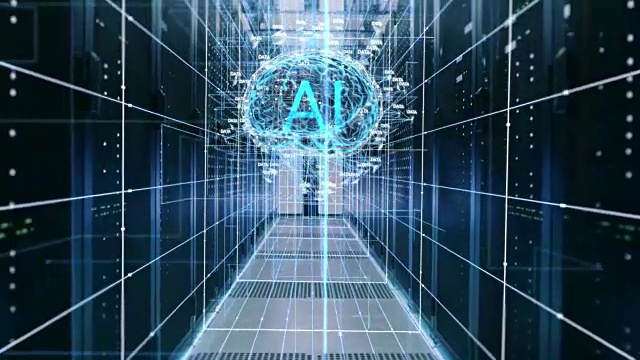 数字大脑的概念:数据中心的功能人工智能的抽象与信息流。大脑中的AI字母。