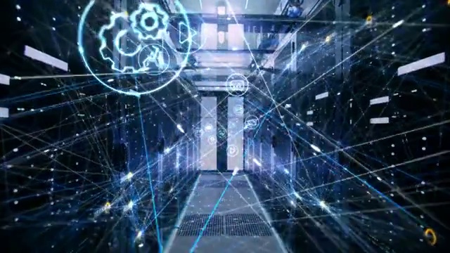 详情图-概念:数据中心中通过机架服务器的信息流数字化。互联线程通过图标、标签和兴趣连接用户数据。