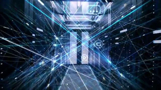 详情图-概念:数据中心中通过机架服务器的信息流数字化。互联线程通过图标、标签和兴趣连接用户数据。