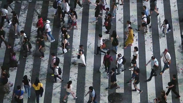 高角度/从上到下拍摄的人走在人行横道。人行横道上有一大群人的大城市。