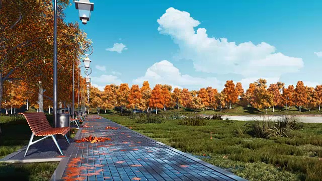 空旷的人行道和长椅在秋天公园的白天