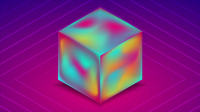 摘要蓝紫色背景上的全息液体三维立方体。技术视频动画