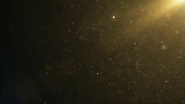 美丽的金色浮动尘埃粒子与耀斑在黑色背景在慢动作。使用散景的空气中动态风粒子的循环三维动画。