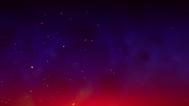 飞溅的火花和烟雾在夜空中飞舞，深蓝色的天空映衬着明亮的火花，燃烧着的余烬随着烟雾移动