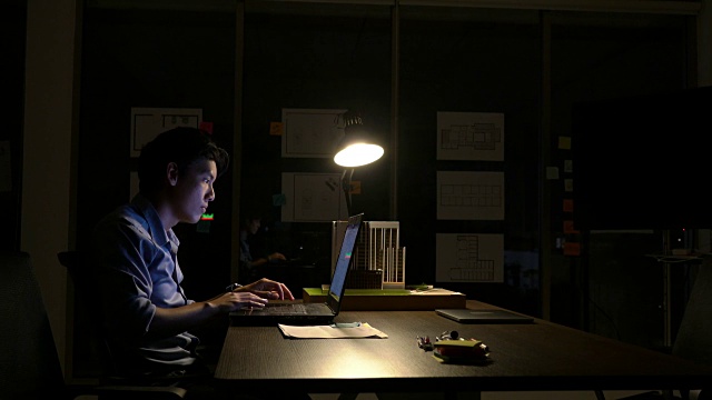 在办公室用笔记本电脑努力工作到深夜的员工。商务人员加班工作。放松的概念是不够的。