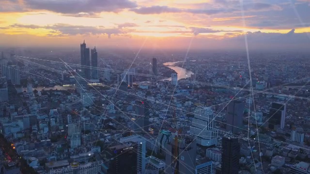 曼谷黄昏鸟瞰图与通讯网络