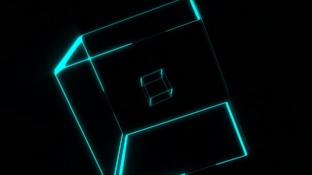 许多透明的霓虹立方体在空间中旋转，3d渲染背景