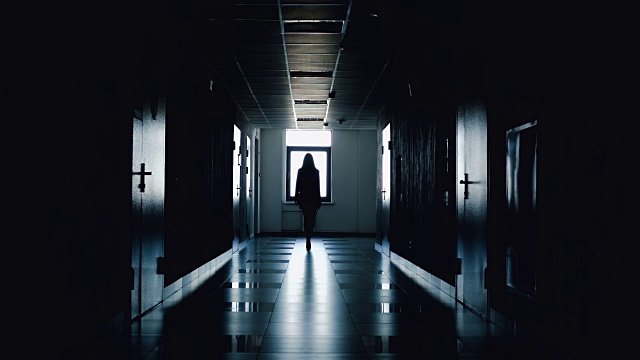 詳情圖-女商人的剪影沿著走廊走。
