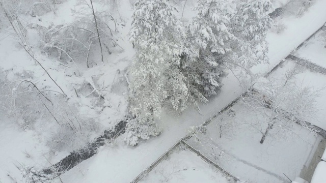 鸟瞰图:在积雪的郊区，飞过流过后院的河流。