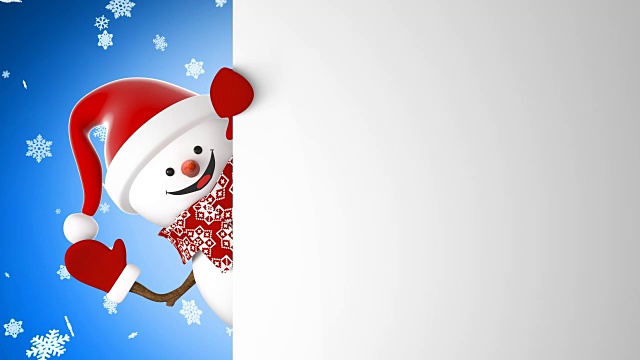 可爱的雪人在圣诞老人的帽子问候与手和微笑的雪花背景。美丽的3d卡通动画绿色屏幕阿尔法蒙版。动画贺卡。圣诞节的概念。