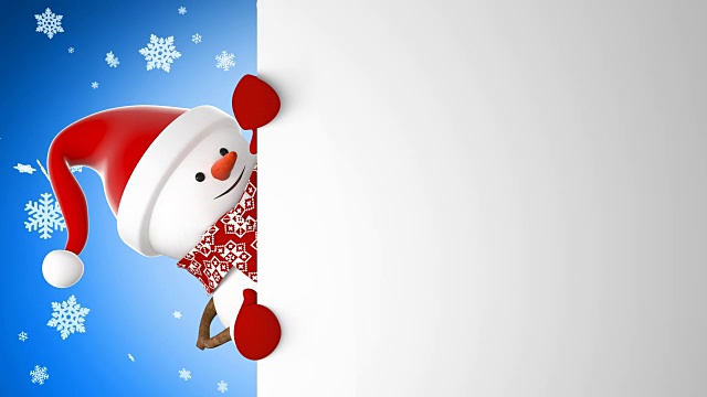 詳情圖-可愛(ài)的雪人在圣誕老人的帽子問(wèn)候與手和微笑的雪花背景。美麗的3d卡通動(dòng)畫綠色屏幕阿爾法蒙版。動(dòng)畫賀卡。圣誕節(jié)的概念。