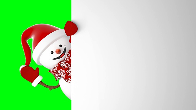 詳情圖-可愛(ài)的雪人在圣誕老人的帽子問(wèn)候與手和微笑的雪花背景。美麗的3d卡通動(dòng)畫綠色屏幕阿爾法蒙版。動(dòng)畫賀卡。圣誕節(jié)的概念。