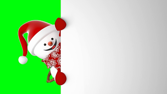 詳情圖-可愛(ài)的雪人在圣誕老人的帽子問(wèn)候與手和微笑的雪花背景。美麗的3d卡通動(dòng)畫綠色屏幕阿爾法蒙版。動(dòng)畫賀卡。圣誕節(jié)的概念。