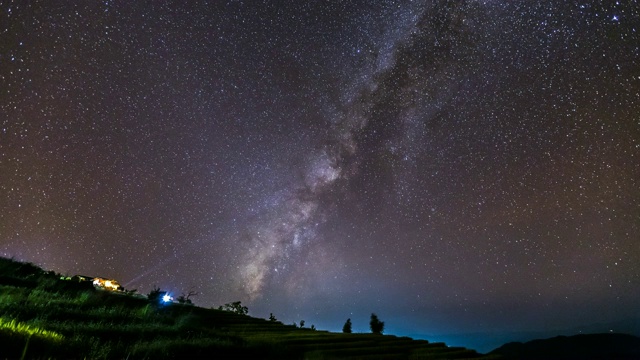 夜空中稻田上小屋上空银河的时间流逝。