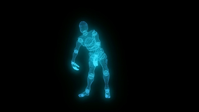 跳舞蓝色发光的3d角色人工智能多边形上的黑色孤立背景无缝循环动画