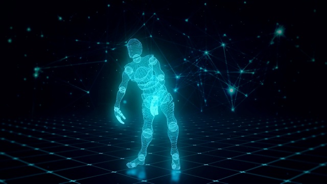 舞动的蓝色3D人物发光人工智能从多边形地板上的网格技术背景上全球连接，无缝循环动画