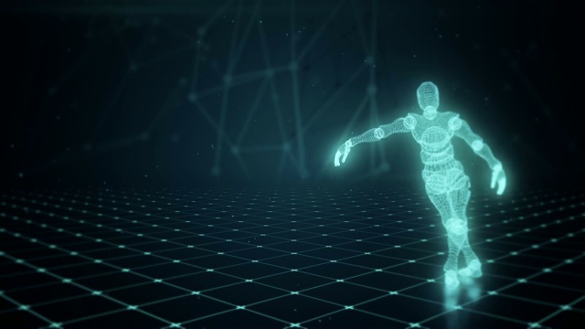 舞动的蓝色3D人物发光人工智能从多边形地板上的网格技术背景上全球连接，无缝循环动画
