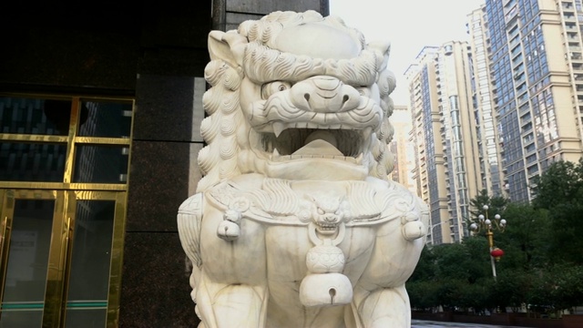 多莉在门边拍下了石狮