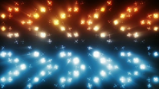 明亮的聚光灯蓝色和橙色。现代照明。墙上的Flash VJ Stage 4K无缝循环动画。闪烁的灯光在箭头的迪斯科风格。