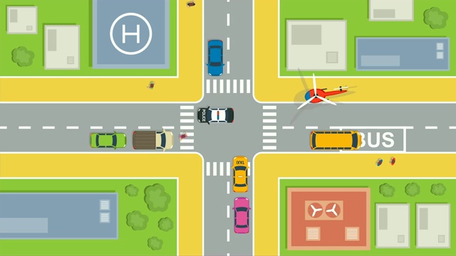 詳情圖-城市交通十字路口-頂部鳥瞰圖-卡通動(dòng)畫。全高清和4K