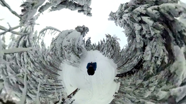 人走过美丽的冬季森林，VR360, 360度，360度，VR，小星球效果