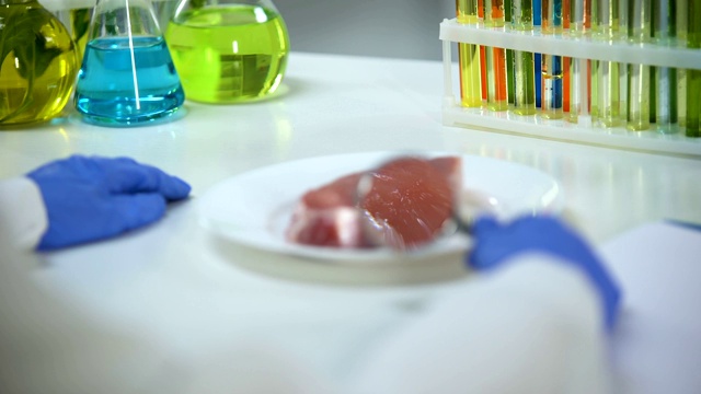研究人员检查肉类样本和书写结果，蠕虫检查