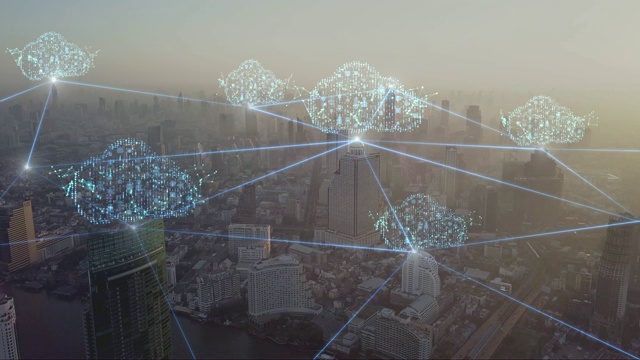 4k分辨率云技术鸟瞰图城市网络连接概念