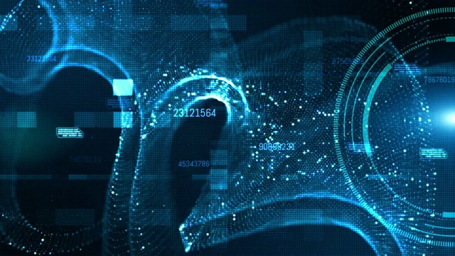 高科技HUD和数据与蓝色数字粒子流未来运动背景概念
