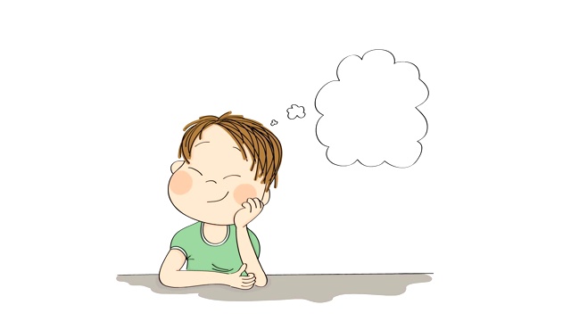 可爱的小男孩在做白日梦，想象着什么。原来手绘的动画男孩闭着眼睛，梦想泡泡出现在他的头上。