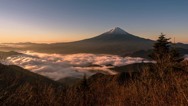 延时:富士山日出与川口湖鸟瞰图