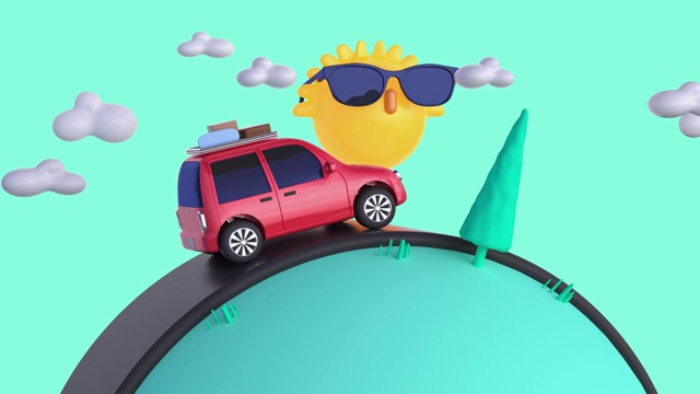 紅色汽車旅行/駕駛交通自然景觀卡通風(fēng)格3d渲染運(yùn)動度假夏季概念