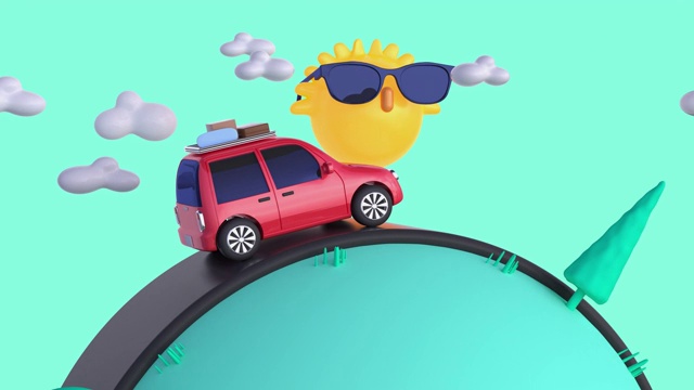 详情图-红色汽车旅行/驾驶交通自然景观卡通风格3d渲染运动度假夏季概念