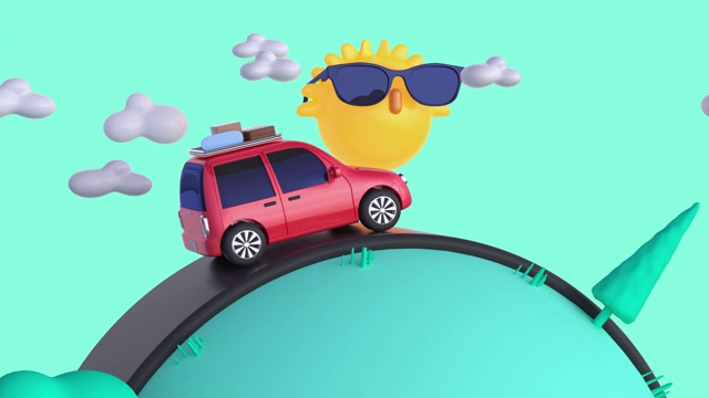 详情图-红色汽车旅行/驾驶交通自然景观卡通风格3d渲染运动度假夏季概念