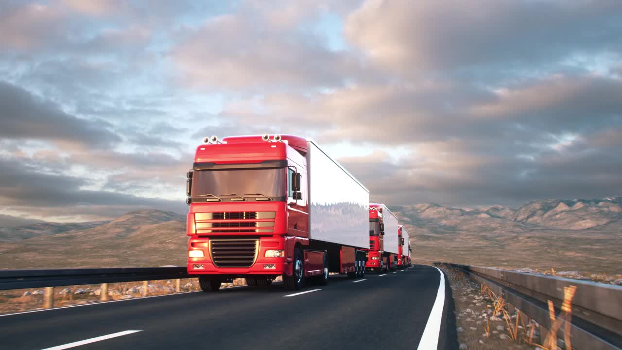 在沙漠道路上行驶的半挂车车队