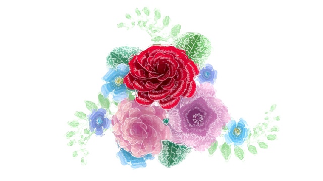 3d渲染，生长的花卉背景花，盛开的植物图案，水彩画风格，新娘圆花束，柔和的颜色，明亮的色调调色板，动画孤立的白色背景