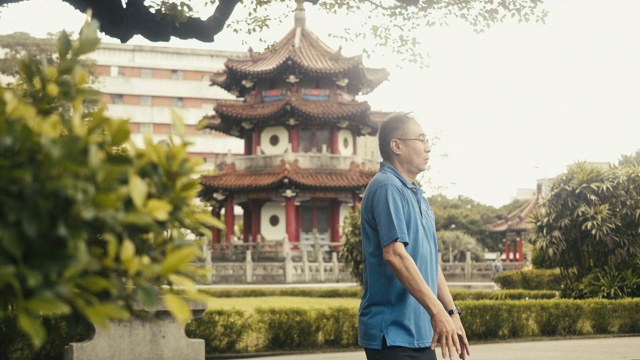活跃的亚洲老年男性在公园里打太极