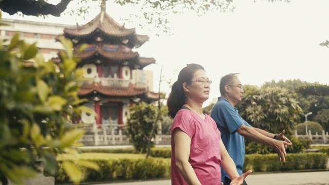 详情图-两个活跃的亚洲老年人在公园里打太极(慢动作)